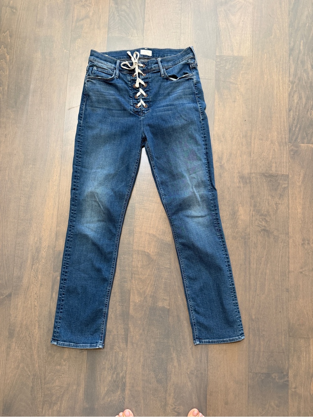 MOTHER Lace-Up High-Rise Skinny Jeans in Dark Blue